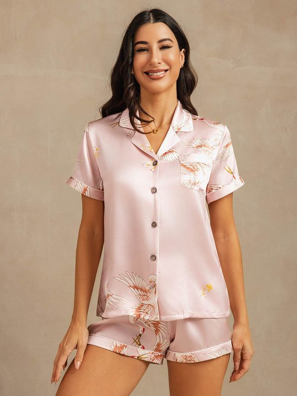 19Momme Women's 100% Mulberry Silk Crane Print Short Sleeve Notch Collar Pajamas Set