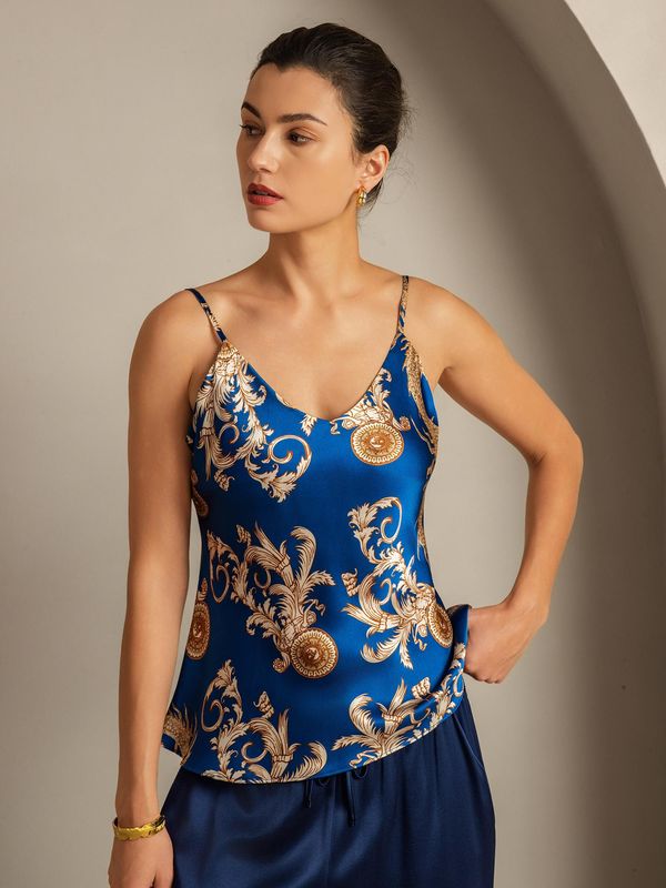100% Mulberry Silk Dragon Print Spaghetti Strap V Neck Camisoles
