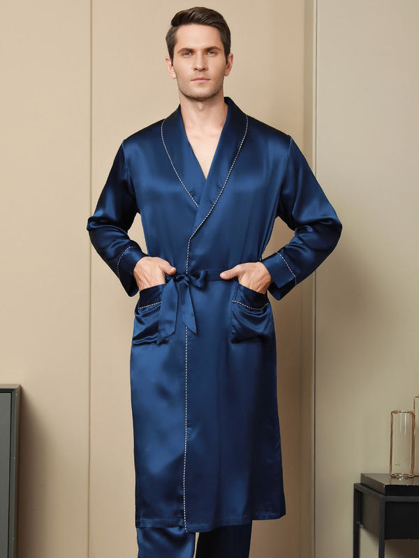 100% Mulberry Silk Contrast Piping Shawl Collar Men's Robe (Without Pants)