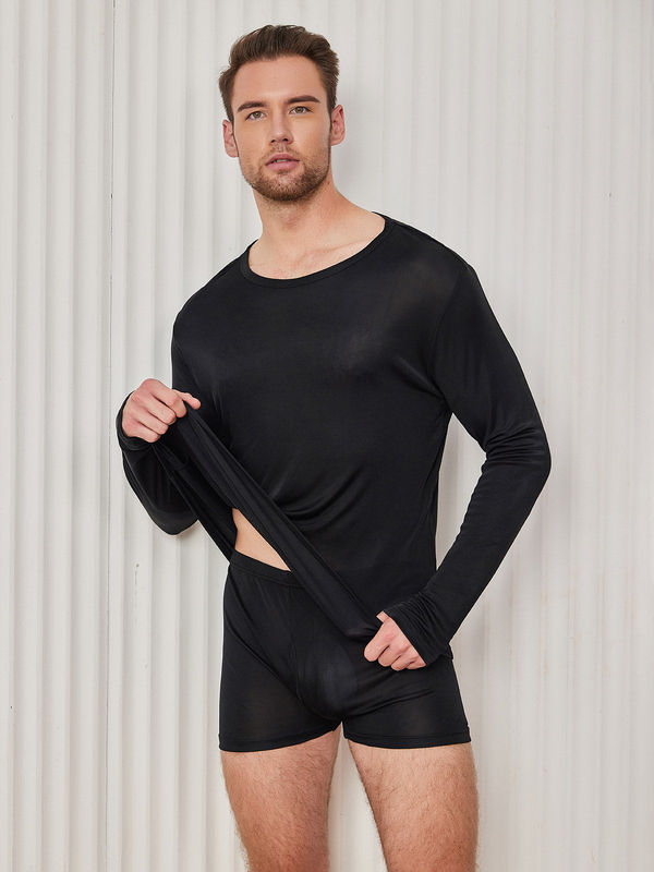 Mens Fashion Silk Long Sleeve Crewneck Tee