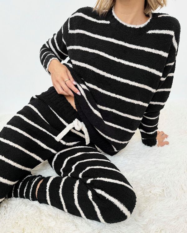 Black and Oat Stripe Fuzzy Sweater PJ Set