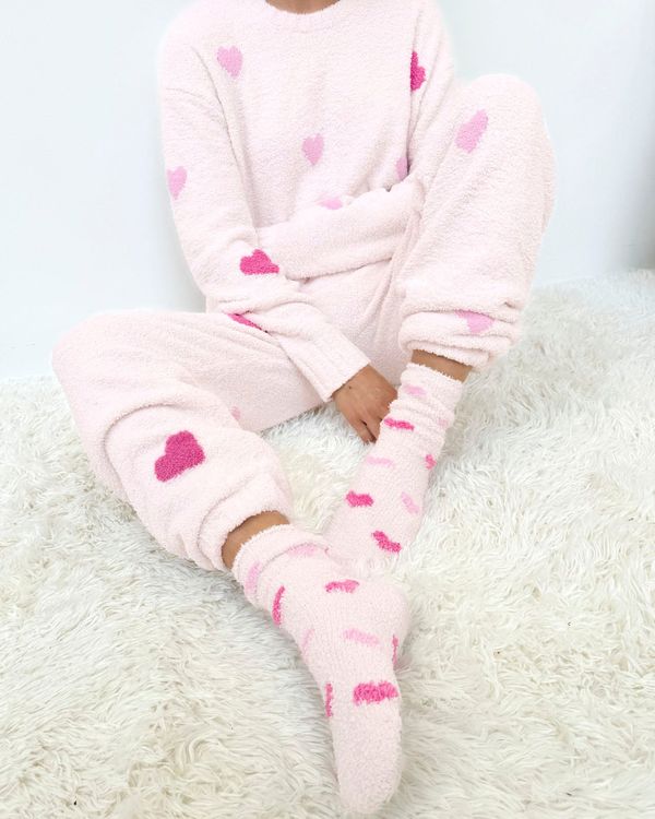 Pink Multi-Heart Bia Fuzzy Yarn Socks