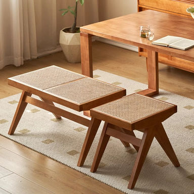 Traditional Japanese Rubber Wood And Rattan Rectangular V-Leg Bench With Handwoven Seat For Entryway And Living Room