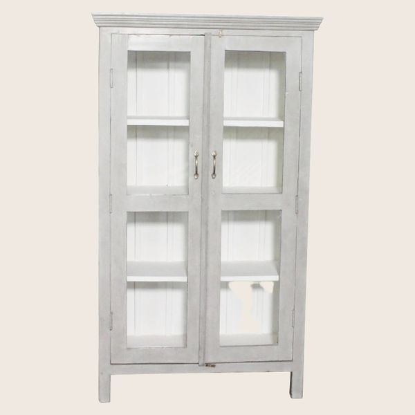 Vintage Grey-Painted Glass Front Cabinet