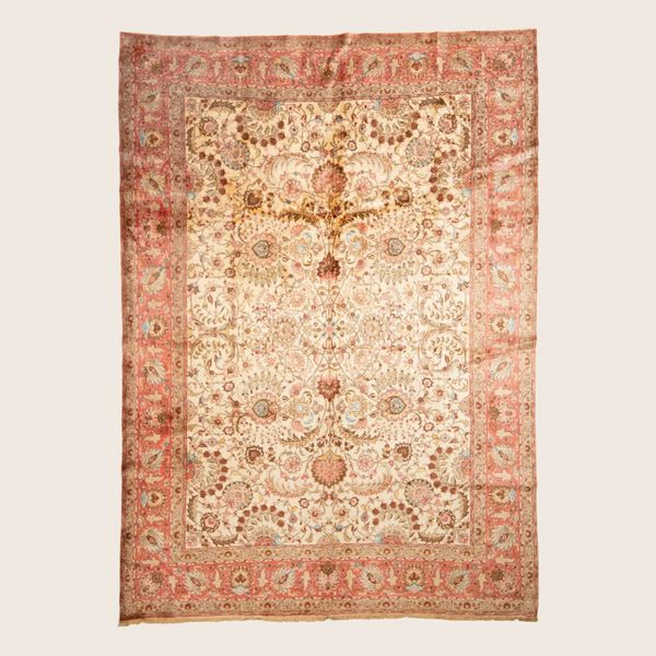 Red Cream Traditional Persian Tabriz Wool Rug - 9'4" x 13'