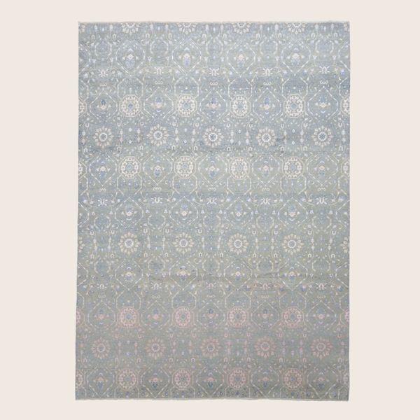 Grey Blue Transitional Indo Ikat Wool Art Silk Blend Rug - 9'2" x 12'1"