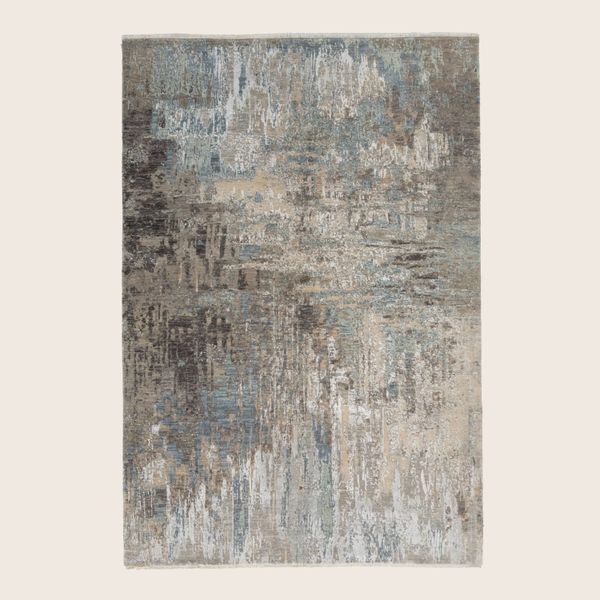 Blue Grey Contemporary Indo Ikat Wool Art Silk Blend Rug - 6'2" x 9'