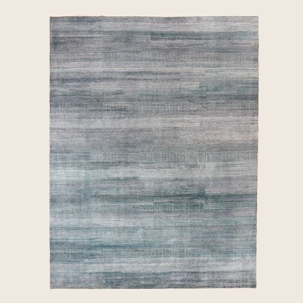 Blue Textured Indo Savannah Wool Art Silk Blend Rug - 8' x 10'2"