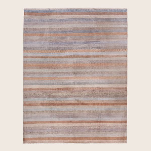 Brown Blue Transitional Indo Savannah Wool Art Silk Blend Rug - 8'2" x 10'