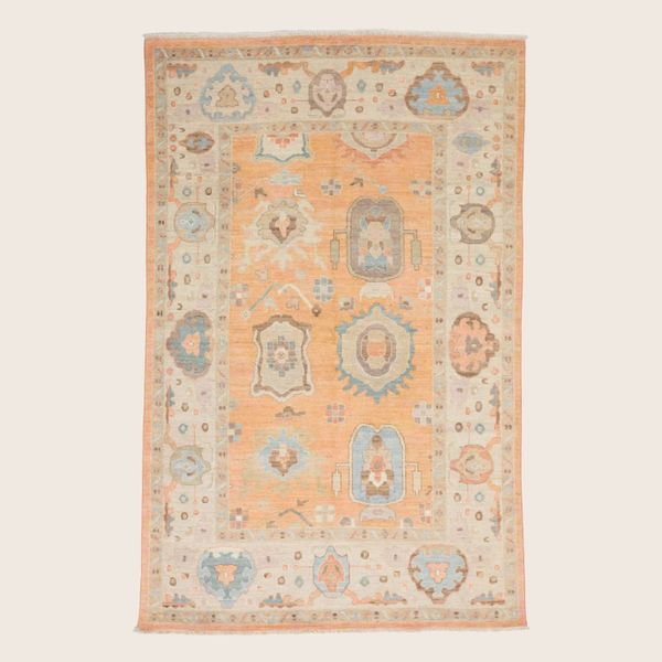 Orange Traditional Pak Colorful Oushak Wool Rug - 5'1 x 9'2"