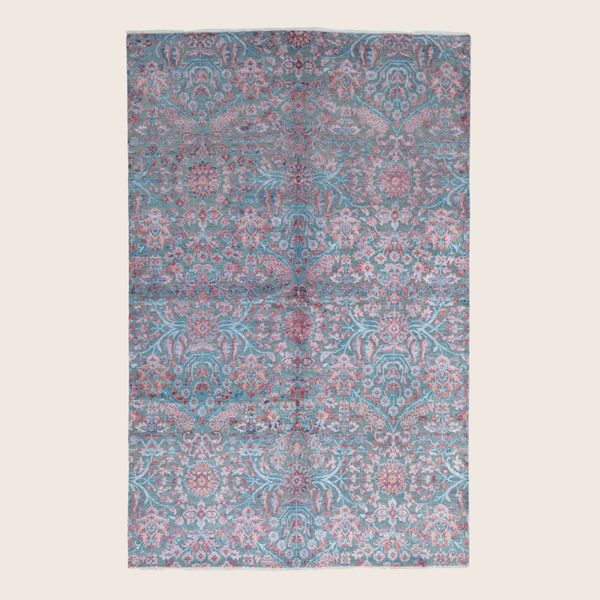 Blue Pink Transitional Indo Ikat Wool Art Silk Blend Rug - 6' x 9'3"