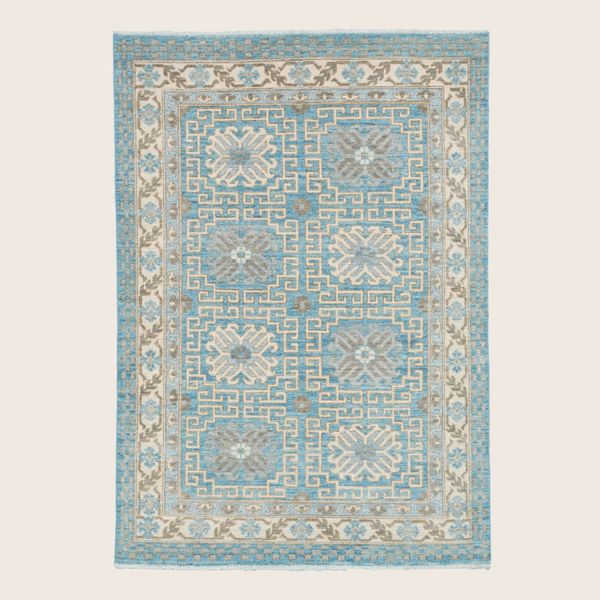 Blue Cream Traditional Pak Khotan Wool Rug - 5'1" x 7'3"
