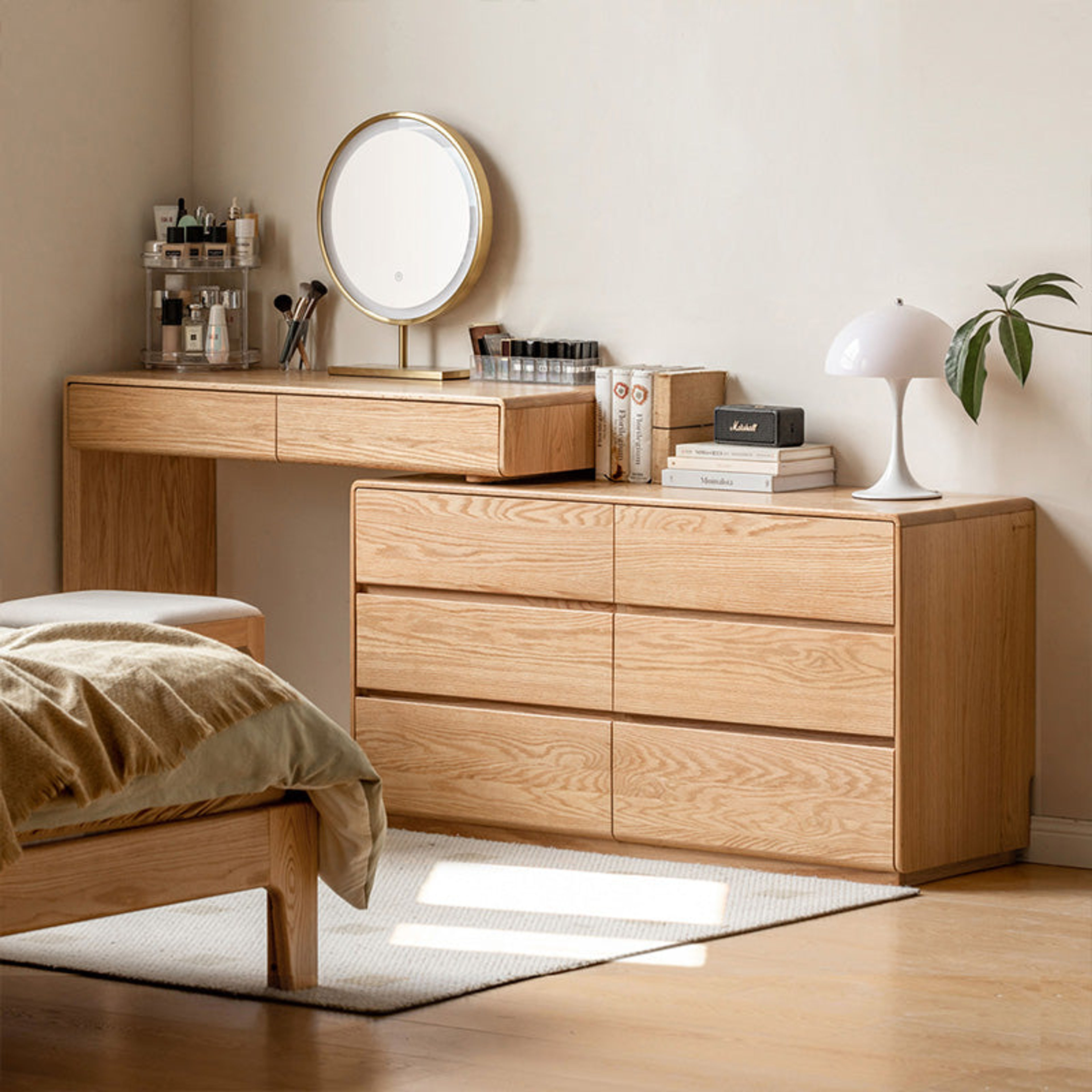 Alyjah Solid American Oak Vanity Table Set with Stool