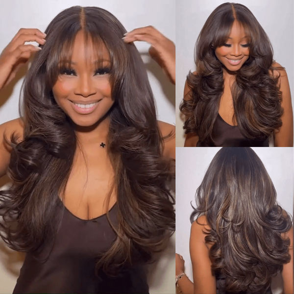 Full 300% Density Cooper Brown Loose Body Wave Wig With Bangs Glueless Wigs Human Hair Brand Day Flash Sale