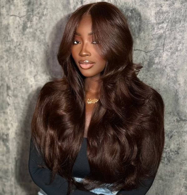 Full 300% Density Layered Cut Dark Brown Body Wave Wear Go Wig 6x4 Lace Front Glueless Colored Wig Brand Day Flash Sale