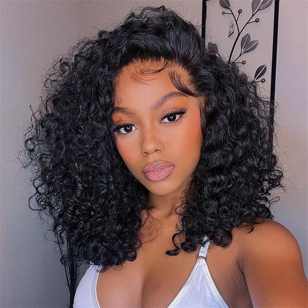 Glueless 13x4 Invisible Lace Front Pre Plucked Natural Hairline Kinky Curly Bob Wig Flash Sale
