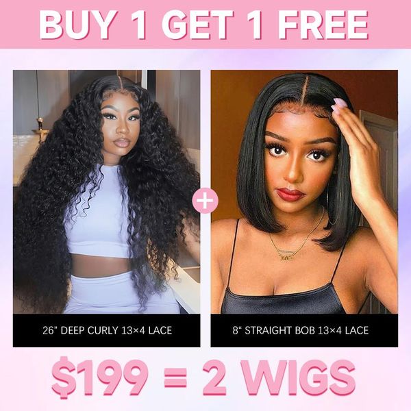 $199 = 2 Wigs | Geeta Bogo Sale 26” Deep Curly + 8” Straight Bob Wig 13×4 Lace Flash Sale