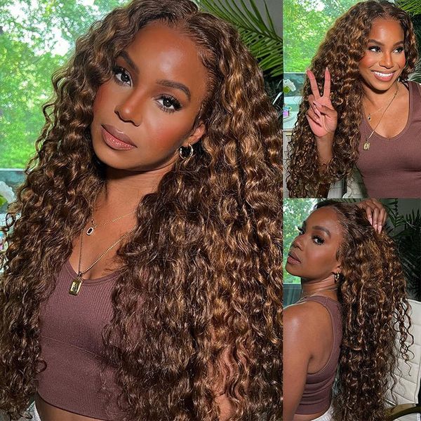 Highlight Piano Color Deep Wave Lace Front Wig Highlight Brown With Blonde Deep Curly Human Hair Wigs Flash Sale