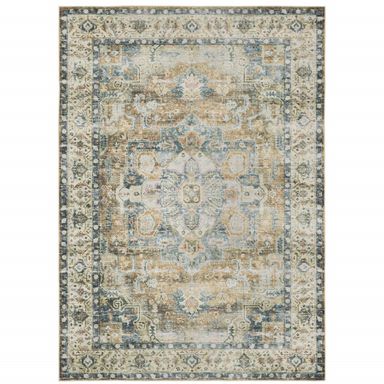 7' X 10' Blue and Gold Oriental Non Skid Area Rug