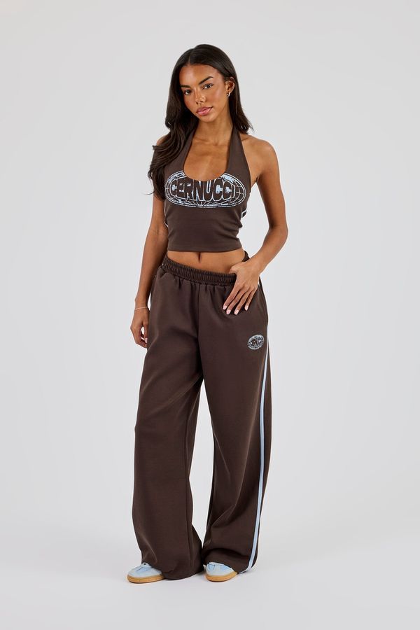 Washed Distressed Logo Halterneck Top & Wide Leg Jogger With Print - Dark Brown