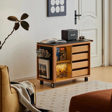 Ethan Cherry Wood Bar Cart With Wheels