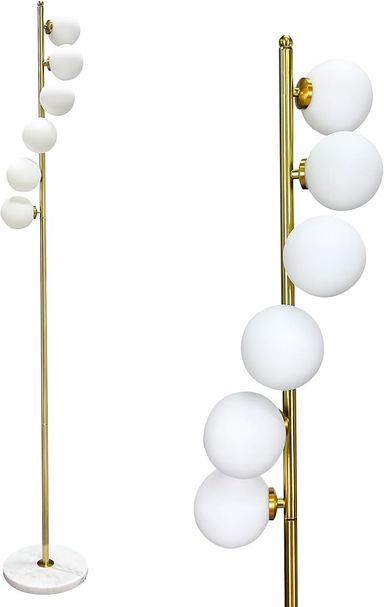 6 Globe Gold Mid Century Floor Lamp Glass Shade Antique Brass Modern Floor Lamps Contemporary Tall Pole Standing Lamp for Living Room Bedroom 3ColorTemperatures