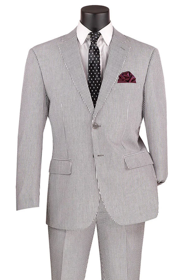 Men's 2PC Summer Seersucker Modern Fit Suit in Black Pinstripe | CLOSE OUT 44L