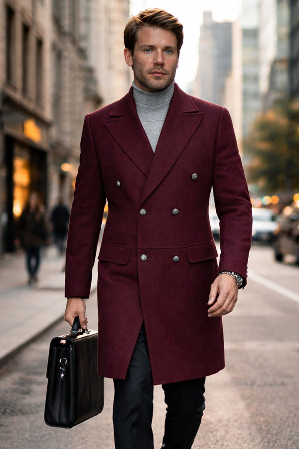 Men's Designer 100% Double Breasted Winter Overcoat with Removable Fur Collar in Burgundy