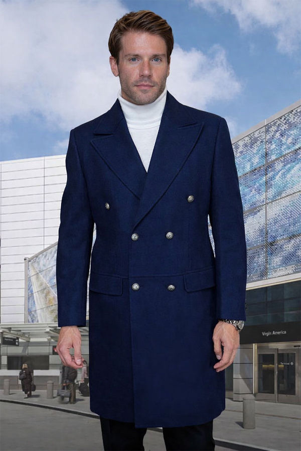 Men's Designer 100% Double Breasted Winter Overcoat with Removable Fur Collar in Navy Blue