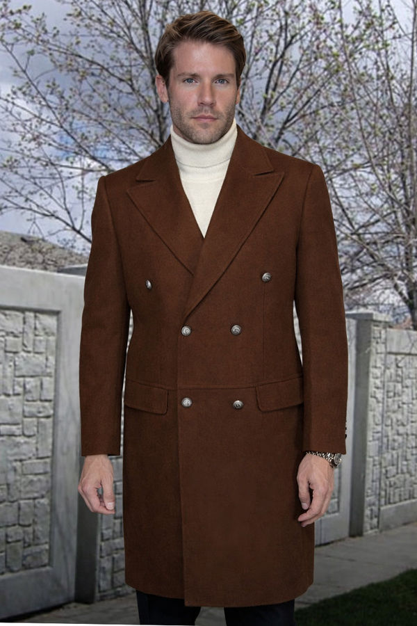 Men's Designer 100% Double Breasted Winter Overcoat with Removable Fur Collar in Light Brown