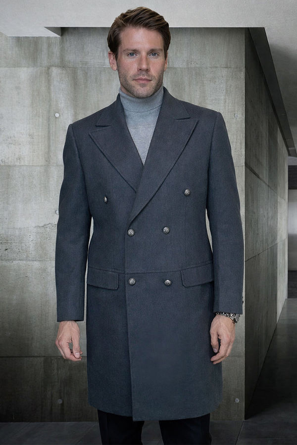 Men's Designer 100% Double Breasted Winter Overcoat with Removable Fur Collar in Charcoal