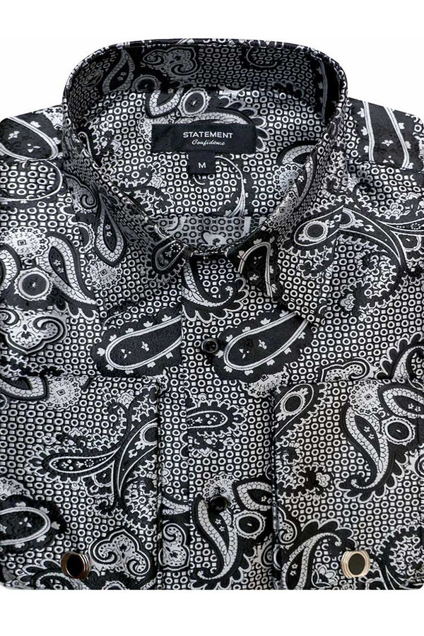 Men's Fancy French Cuff Long Sleeve Dress Shirt in Black Paisley Print