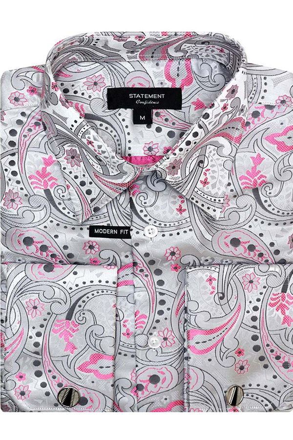 Men's Fancy French Cuff Long Sleeve Dress Shirt in Grey & Pink Paisley