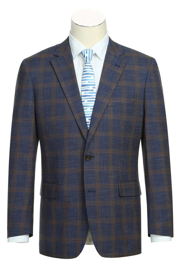 Mens Slim Fit Two Button Sport Coat Blazer in Navy Blue & Gold Windowpane Plaid | CLOSE OUT 42R