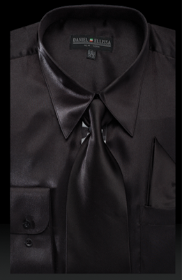 Men's Regular Fit Shiny Satin Dress Shirt, Tie & Pocket Square Set in Black | CLOSE OUT 17.5 34/35