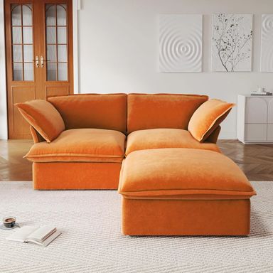 Premium Velvet Cloud Sectional Couches | 3-Piece Velvet Orange Neutral Silhouette Chaise Sectionals 2-seaters with 1-Ottomans