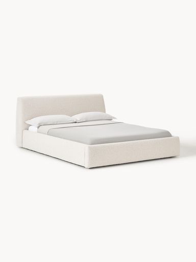 Cama estofada em bouclé Cloud, com espaço de arrumação