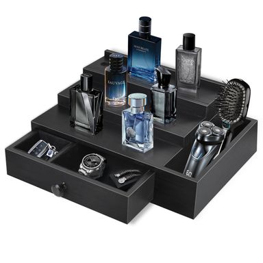 Cologne Stand Organizer for Men, 3 Tier Cologne Display Shelf with Velvet Lining Drawer and Compartments for Watch, Jewelry, Perfume Display Risers for Cologne, Great Gift for Father