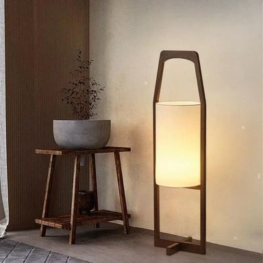Japandi Vintage Wood Fabric Floor Lamp │ Modern Art LED Home Mood Stand Light