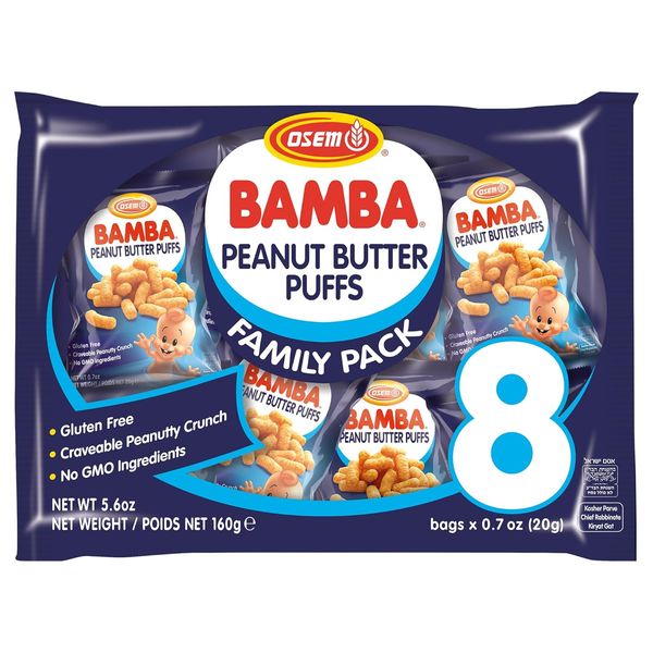 Osem Bamba Peanut Butter Puffs - Peanut Butter Puffs Bulk, Vegan PB Snack with Crunch for Kids, Grain Free Protein Snack, No Sugar, Family Pack - 0.7oz Bags 8 Pack