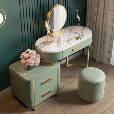 Green Makeup Vanity Set with Cabinet Mirror & Stool