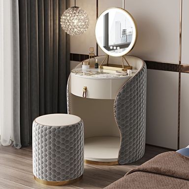 Modern Round Small Makeup Vanity Set with Lighted Mirror & Stool