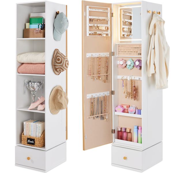 Rotating Mirror w/ Storage Cabinet, Swivel Jewelry Armoire, Shelves, Hooks