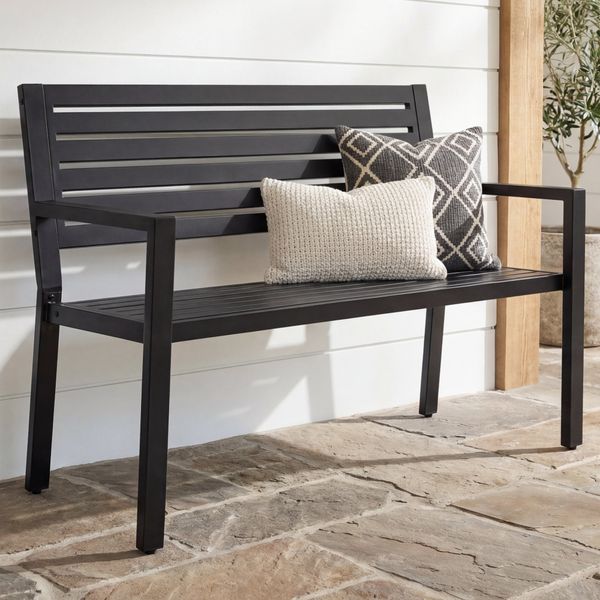 Outdoor Metal Patio Garden Bench, 790lb Capacity, Steel Slatted Seat
