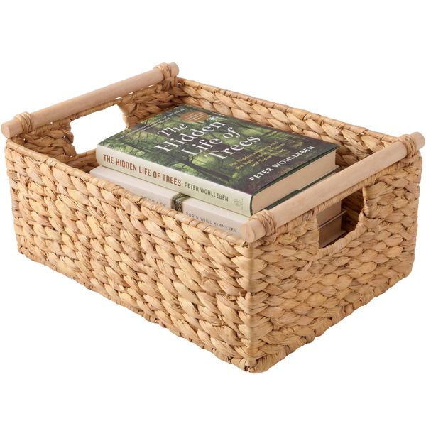 Wicker Storage Basket, Shelf Basket w/ Wooden Handles
