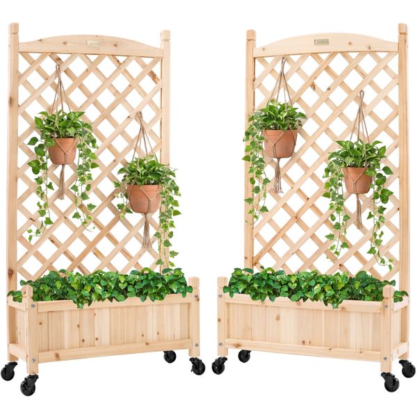 Set of 2 Wood Planter Box & Lattice Trellis w/ Optional Wheels - 48in