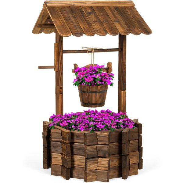 21.5" Rustic Wooden Wishing Well Planter Yard Decoration w/ Hanging Bucket