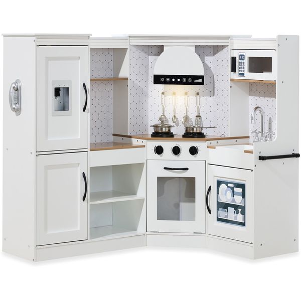 Pretend Play Corner Kitchen Wooden Toy Set for Kids w/ Lights, Sounds