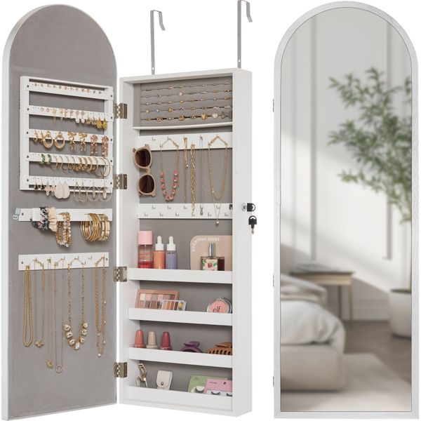 Door/Wall Mounted Arch Mirror Jewelry Armoire, w/ Metal Frame, Built-In Lock