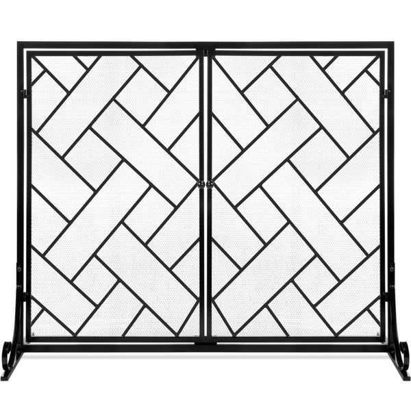 2-Panel Wrought Iron Geometric Fireplace Screen w/ Magnetic Doors - 44x33in